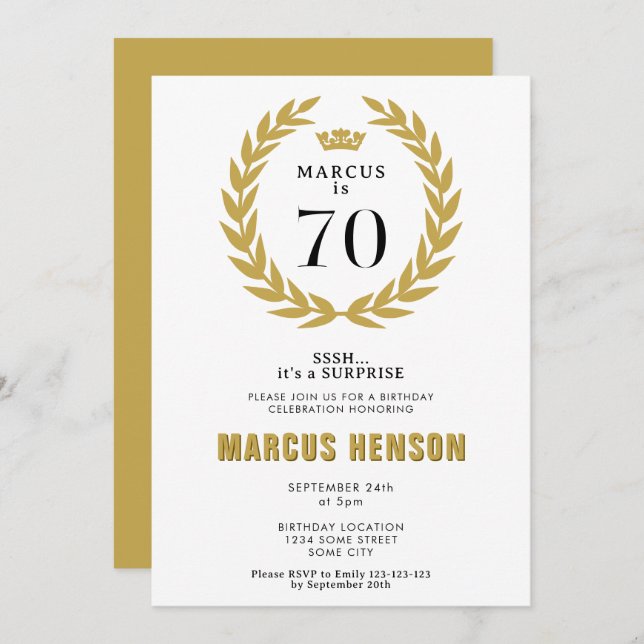 Gold Laurel Wreath Crown 70th Birthday Surprise Invitation (Front/Back)