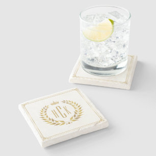 Gold Laurel Wreath Custom Monogram Stone Coaster