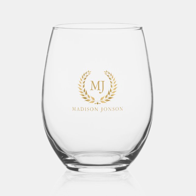  Gold Laurel Wreath Gold Monogram And Name Stemless Wine Glass (Front)