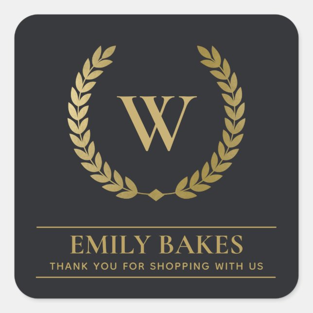 GOLD LAUREL WREATH INITIAL LOGO BUSINESS THANK YOU SQUARE STICKER (Front)