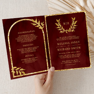 Gold Laurel Wreath Leaves Burgundy Red Wedding Invitation