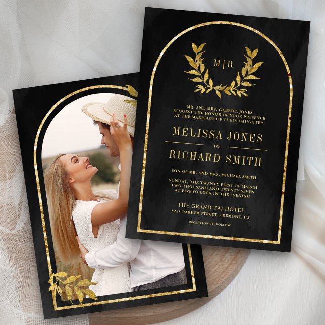 Gold Laurel Wreath Leaves Charcoal Grey Wedding Invitation (Creator Uploaded)