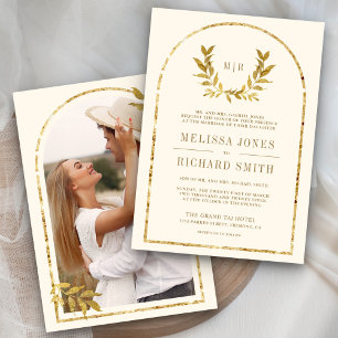Gold Laurel Wreath Leaves Cream Wedding Invitation