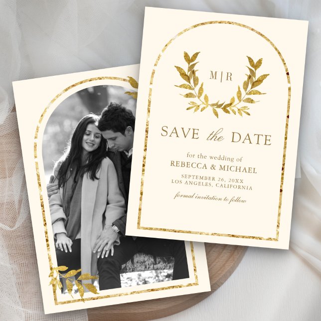 Gold Laurel Wreath Leaves Cream Wedding Save The Date (Creator Uploaded)