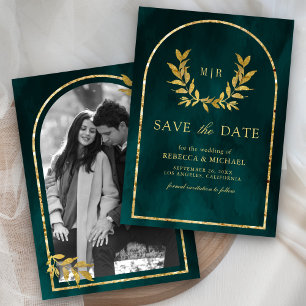 Gold Laurel Wreath Leaves Dark Teal Wedding Save The Date