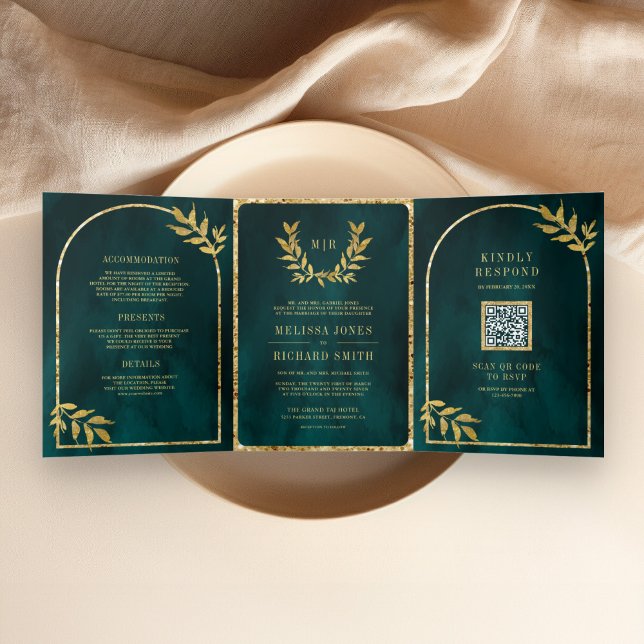 Gold Laurel Wreath Leaves Dark Teal Wedding Tri-Fold Invitation (Creator Uploaded)