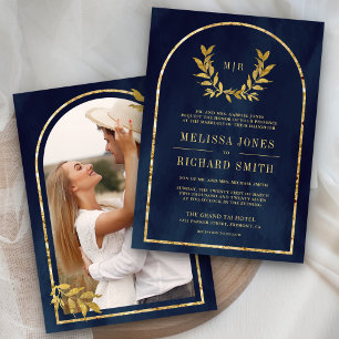 Gold Laurel Wreath Leaves Navy Blue Wedding Invitation