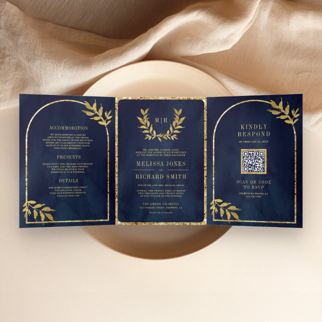 Gold Laurel Wreath Leaves Navy Blue Wedding Tri-Fold Invitation (Creator Uploaded)
