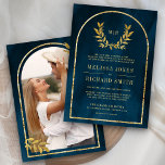 Gold Laurel Wreath Leaves Ocean Blue Wedding Invitation<br><div class="desc">Amaze your guests with this elegant wedding invite featuring beautiful gold leaves branch. Simply add your event details on this easy-to-use template and adorn this card with your favourite photo to make it a one-of-a-kind invitation.</div>