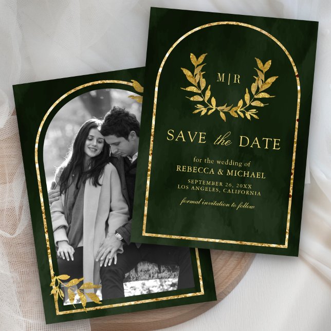 Gold Laurel Wreath Leaves Olive Green Wedding Save The Date (Creator Uploaded)