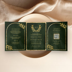 Gold Laurel Wreath Leaves Olive Green Wedding Tri-Fold Invitation
