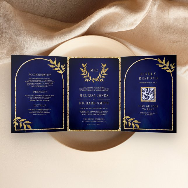Gold Laurel Wreath Leaves Royal Blue Wedding Tri-Fold Invitation (Creator Uploaded)