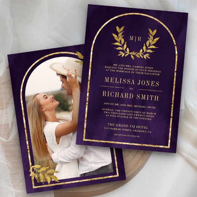Gold Laurel Wreath Leaves Royal Purple Wedding Invitation (Creator Uploaded)
