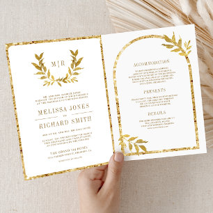 Gold Laurel Wreath Leaves White Wedding Invitation