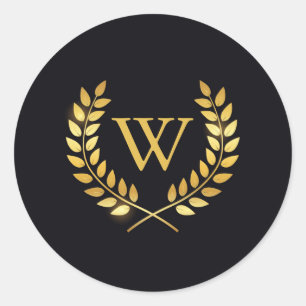 Gold Laurel Wreath Monogram Classic Round Sticker