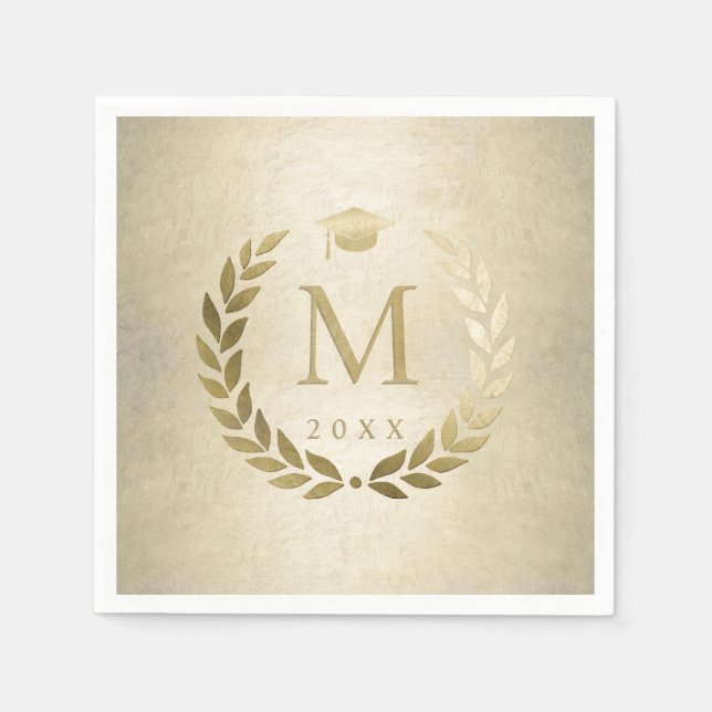 Gold Laurel Wreath Monogram Initial Graduation Napkin (Front)
