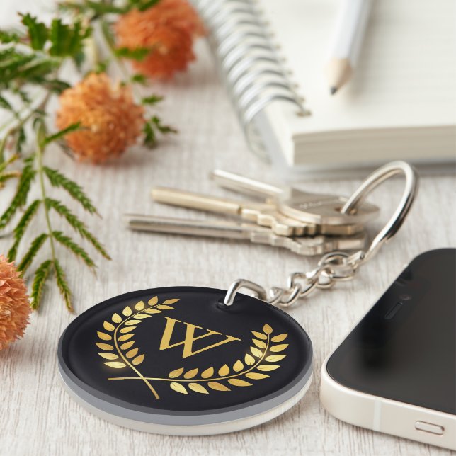 Gold Laurel Wreath Monogram Key Ring (Front Right)