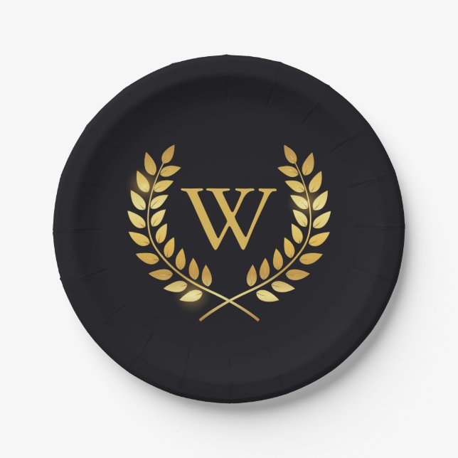 Gold Laurel Wreath Monogram Paper Plate (Front)