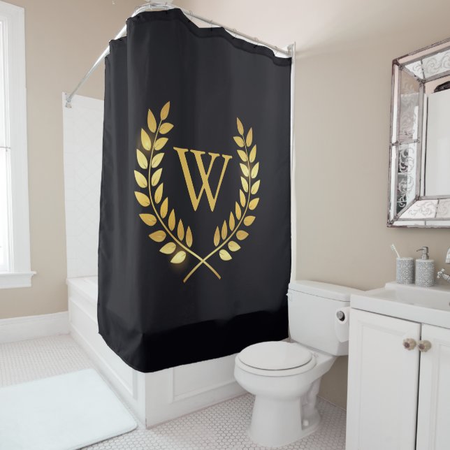 Gold Laurel Wreath Monogram Shower Curtain (In Situ)