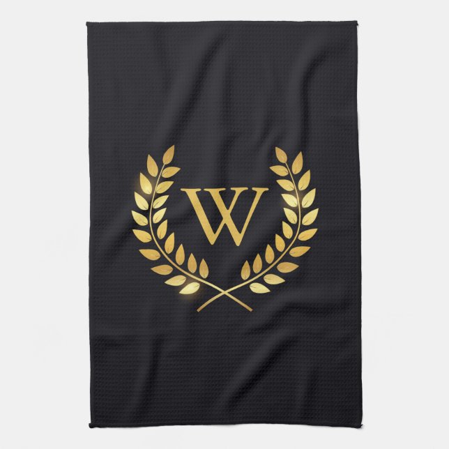 Gold Laurel Wreath Monogram Tea Towel (Vertical)