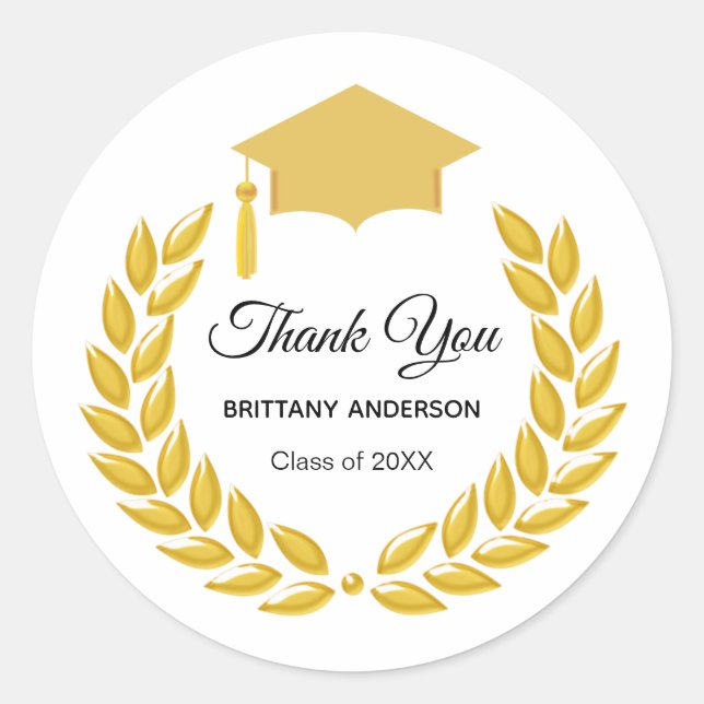 Gold Laurel Wreath Thank You Graduation on White Classic Round Sticker (Front)