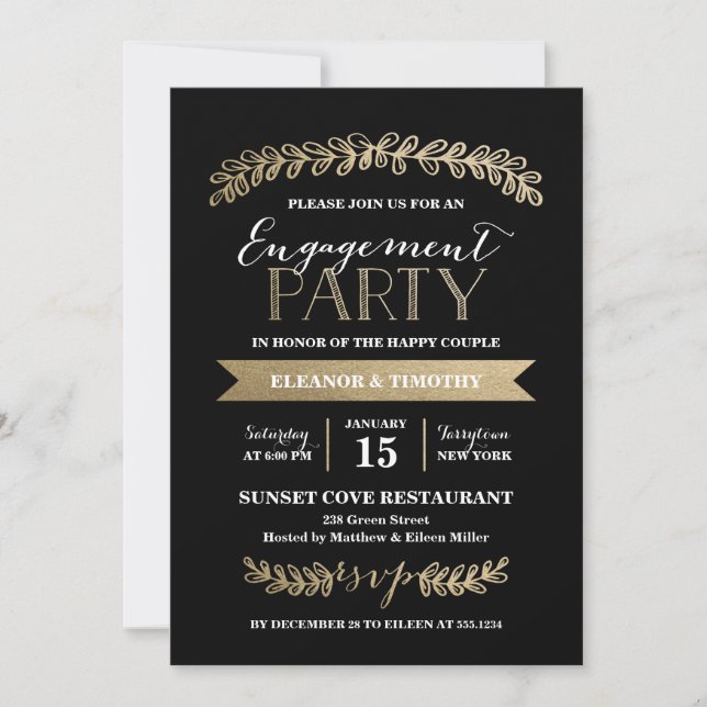 Gold Laurels Black Engagement Party Invitation (Front)