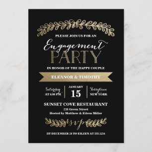 Gold Laurels Black Engagement Party Invitation
