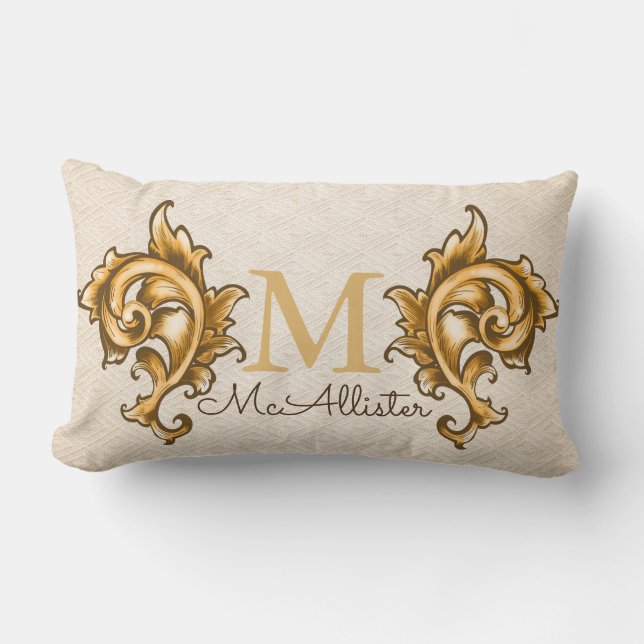 Gold Laurels Faux Woven Beige Print - Family Name Lumbar Cushion (Front)