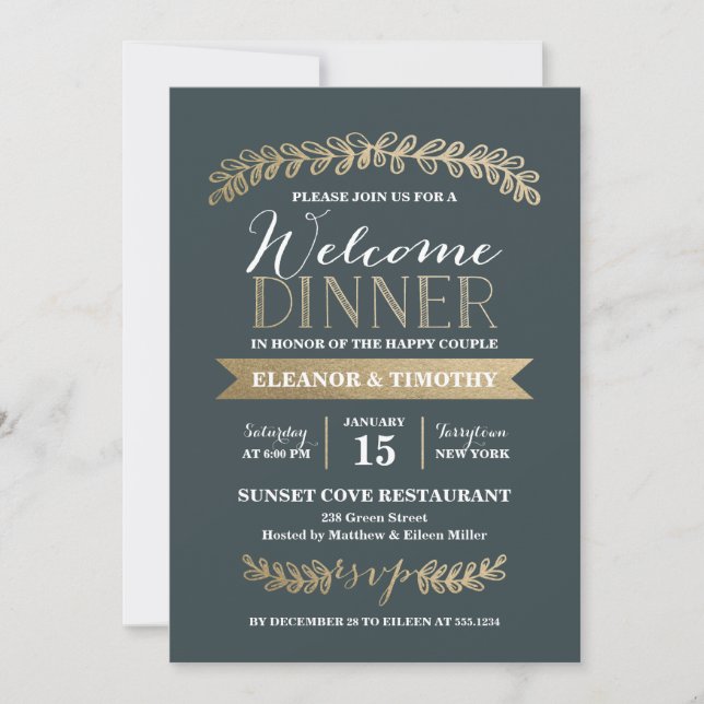 Gold Laurels Slate Wedding Welcome Dinner Party Invitation (Front)