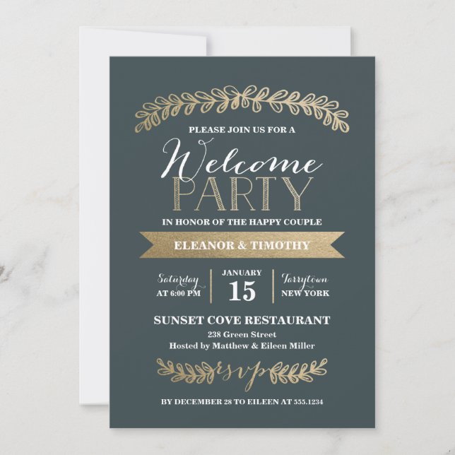 Gold Laurels Slate Wedding Welcome Party Invite (Front)