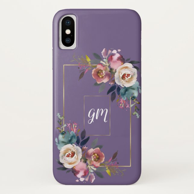Gold Lavender Dusty Blue Pink Floral Monogram Case-Mate iPhone Case (Back)