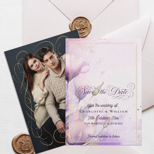 Gold Lavender Floral Photo Wedding Save the Date Invitation