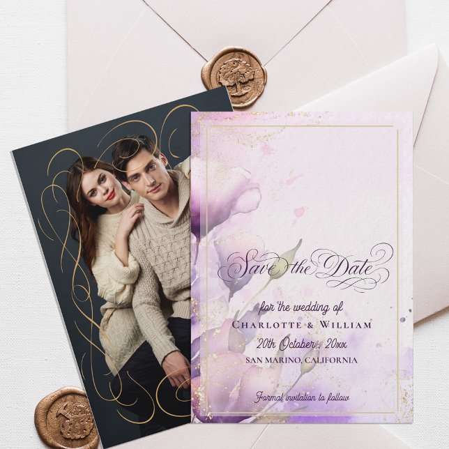 Gold Lavender Floral Photo Wedding Save the Date Invitation (Gold Lavender Floral Photo Wedding Save the Date Invitation)