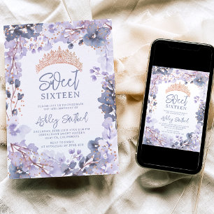Gold lavender floral tiara princess Sweet 16 Invitation