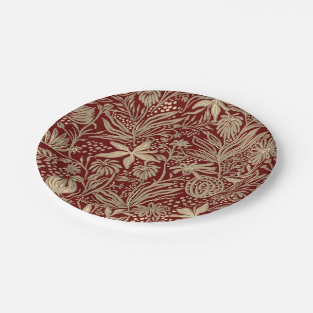 Gold Lazy Floral Pattern on Deep Red Paper Plate (Angled)