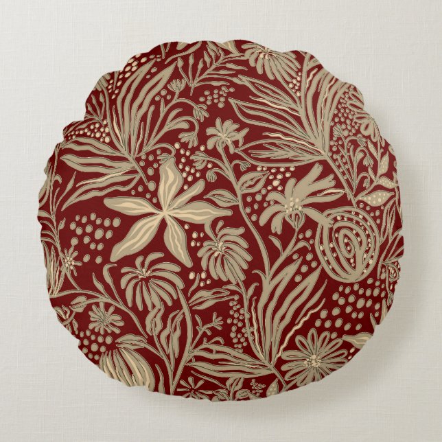 Gold Lazy Floral Pattern on Deep Red Round Cushion (Front)