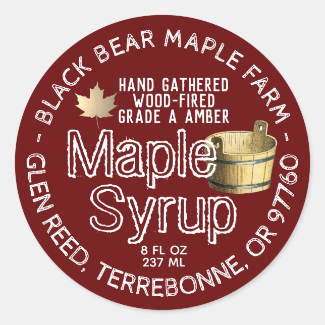 Gold Leaf and Bucket Wood Fired Maple Syrup Red Classic Round Sticker (Front)