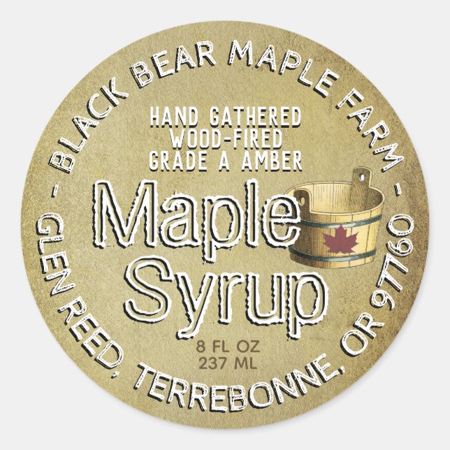 Gold Leaf and Bucket Wood Fired Maple Syrup Rustic Classic Round Sticker (Front)