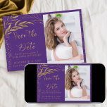 Gold Leaf and Calligraphy Purple Photo Save The Date<br><div class="desc">Elegant Gold Leaf and Purple Save the Date with your own photo and ornate hand lettered calligraphy. The template is set up for you to upload a picture of the quince and personalise with your celebration date. The design has fine line drawn leaves and solid gold leaf foliage with confetti....</div>