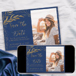 Gold Leaf and Calligraphy Royal Blue Photo Save The Date<br><div class="desc">Elegant Gold Leaf and Royal Blue Save the Date with your own photo and ornate hand lettered calligraphy. The template is set up for you to upload a picture of the quince and personalise with your celebration date. The design has fine line drawn leaves and solid gold leaf foliage with...</div>
