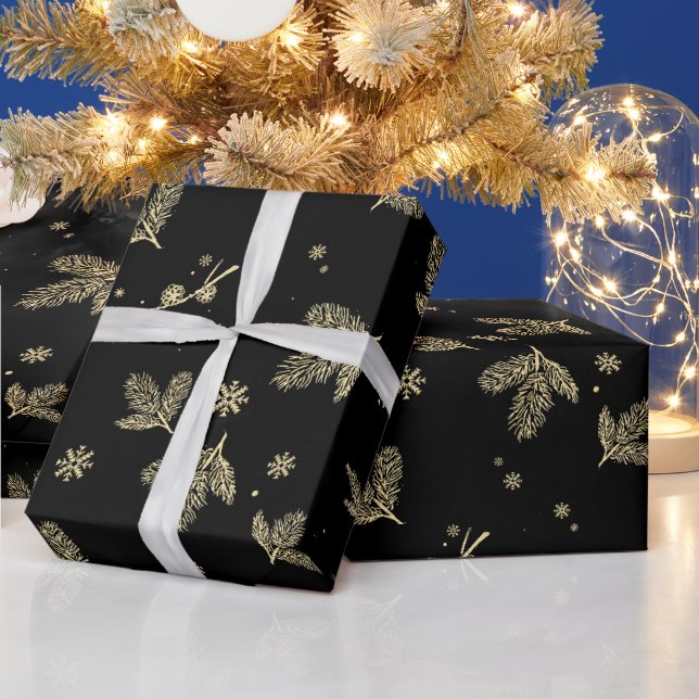 Gold leaf and snowflake Christmas pattern Wrapping Paper (Holidays)