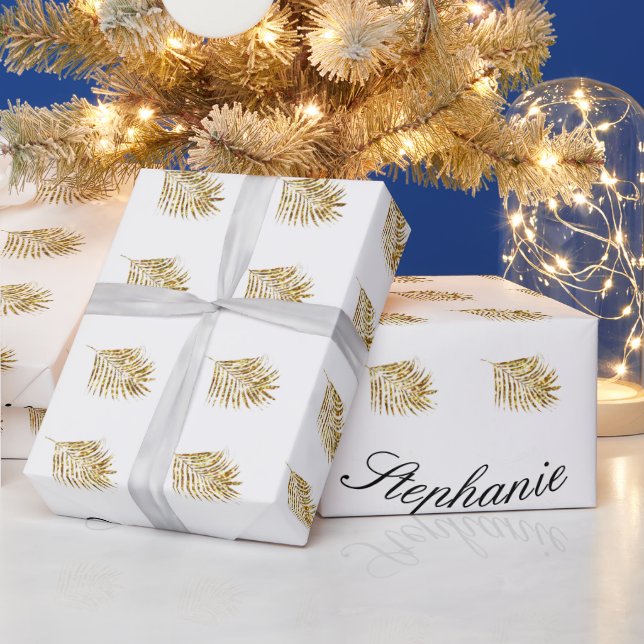 Gold Leaf Birthday Holiday Glitter Custom Name Wrapping Paper (Holidays)