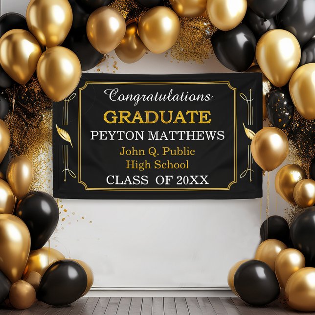 Gold Leaf Congratulations Graduate 20XX Banner (Black and Gold Tone Leaves "Graduate" Graduation Party Banner)