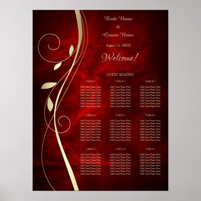 Gold Leaf Deep Red Wedding Seating Chart (Front)