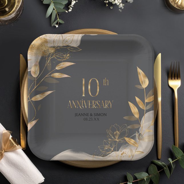 Gold Leaf Floral 10th Anniversary ID1169 Paper Plate (Creator Uploaded)