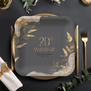 Gold Leaf Floral 20th Anniversary ID1169 Paper Plate