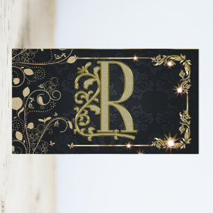  Gold Leaf Floral Sparkle Monogram Business Card