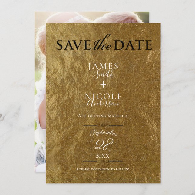 Gold Leaf Foil Modern Full Photo Save the Date Invitation (Front/Back)