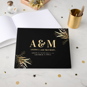 Gold Leaf Greenery Black Monogram Elegant Wedding Guest Book