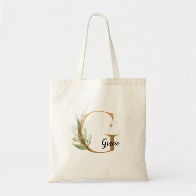 Gold Leaf Greenery Elegant Foliage Monogram G Tote Bag (Front)